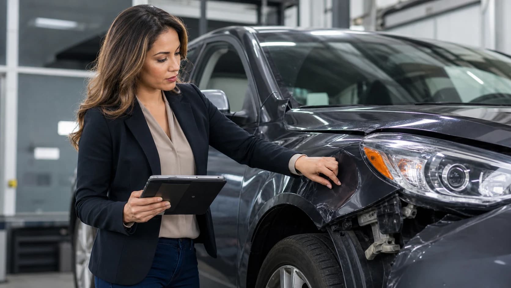 Female appraiser documenting collision damage during an auto claims inspection