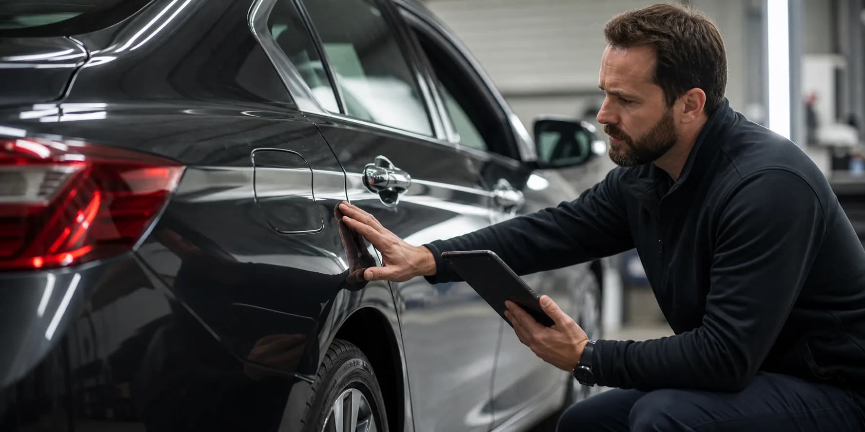 Appraiser reviewing a repaired vehicle for a diminished value report