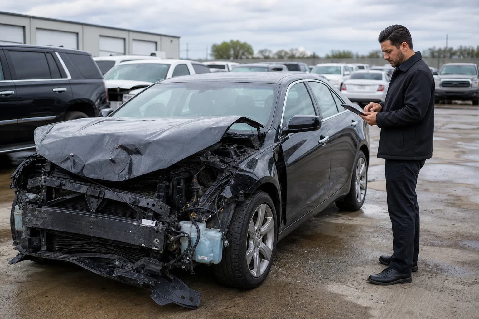 Appraiser documenting a damaged vehicle for a total loss evaluation